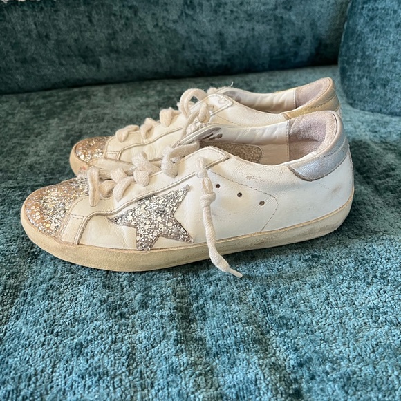 Golden Goose White Sneakers with Silver Glitter Star